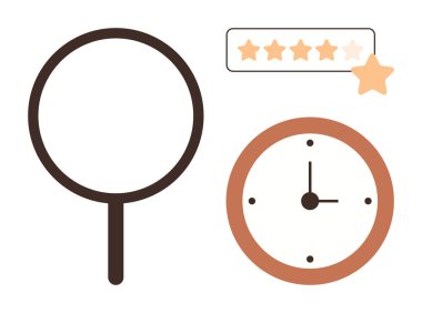 İş değerlendirmesi, arama süreci, kalite değerlendirmesi, müşteri geri bildirimi, zaman yönetimi, hassas izleme. Büyüteç, saat ve yıldız derecelendirme sembolleri. İş değerlendirmesi ve arama kavramı