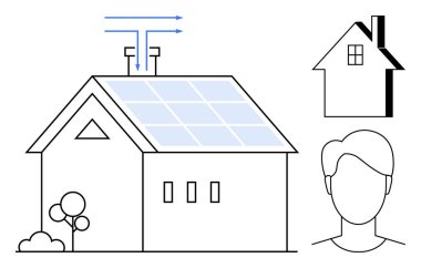 Yenilenebilir enerji, güneş enerjisi, çevre dostu yaşam, sürdürülebilir evler, çevresel koruma, enerji verimliliği. Ev güneş panelleri ve destekleyici çizimler. Yenilenebilir enerji ve güneş