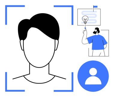 Dijital güvenlik, kimlik doğrulama, biyometrik taramalar, siber güvenlik, kullanıcı doğrulaması, akıllı fikirler, teknoloji entegrasyonu. Ampul ve kullanıcı simgesiyle dijital çerçevede yüz taraması. Dijital