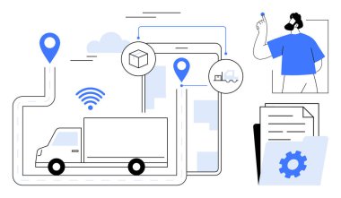 Lojistik, tedarik zinciri, ulaşım, rota optimizasyonu, dağıtım takibi, teknolojik çözümler. Bir kamyon, GPS işaretleyici dosyaları ve veri takibi yapan biri. Lojistik ve dağıtım izleme konsepti