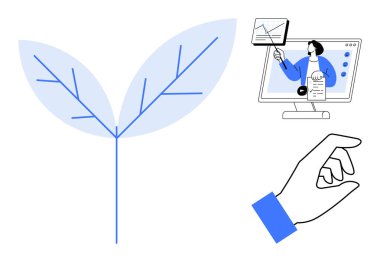 Sürdürülebilirlik kavramı. Dijital eğitim unsurlarının yanı sıra büyüyen bir bitki tarafından sürdürülebilirlik, çevrimiçi öğrenmeyi ve etkileşimli araçları destekliyor. Sürdürülebilirlik doğayla teknolojiyi birleştiriyor. Harika.