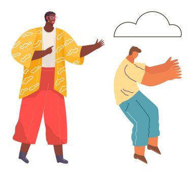 Takım çalışması, işbirliği, soyut fikirler, tasarım düşüncesi, yaratıcı etkileşim, insan ilişkileri. Sanatsal pozisyondaki iki kişi bulut şeklinde poz veriyor. Yaratıcı olarak takım çalışması ve işbirliği