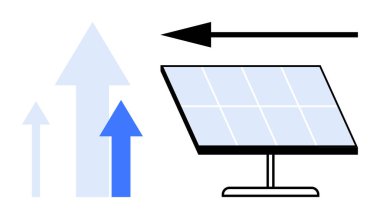 Yenilenebilir enerji kavramı. Yenilenebilir enerji, bir güneş paneli ve yukarı doğru ok ilerlemesiyle resmedilir. Yenilenebilir enerji büyümesi, iklim hedefleri, sürdürülebilir yaşam. Yeşil teknoloji için mükemmel.
