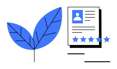 Yeşil yaprak sembolünün yanında fotoğraf ve yıldız dereceli profil belgesi. Çevre dostu değerler, sürdürülebilir iş, kişisel reytingler, itimatnameler. Markalaşma, pazarlama ve CV için ideal.
