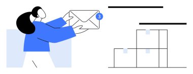Tebligat rozeti olan bir kadın, düzgünce istiflenmiş kutuların yanında. İletişim, verimlilik, e-posta hizmetleri, bildirim, dağıtım sistemleri, zaman yönetimi için ideal