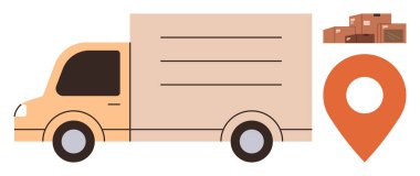 Logistics, delivery services, freight transport, online shipping, package tracking, e-commerce fulfillment. A truck, location pin and boxes are . Logistics and delivery concepts