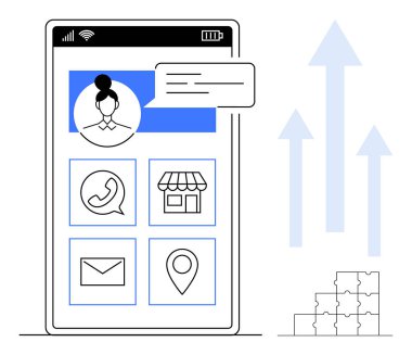 Mobil uygulama konsepti. İletişim, iş, e-posta ve navigasyon için mobil uygulama araçları. Mobil uygulamalar iş, iletişim, navigasyon ve büyüme stratejilerini destekler