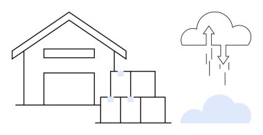 Depo konsepti. Bulut entegrasyonlu depo modern lojistik, veri depolama ve fiziksel envanter yönetiminin birleşimi. E-ticaret, lojistik, veri sistemleri, tedarik zinciri, depolama için
