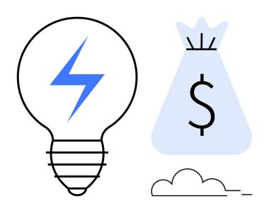 Finansal büyümeye yol açan fikirleri sembolize eden para çantasının yanında bir şimşek çakan ampul. İş için ideal, yenilik, enerji, yaratıcılık, finans, girişimcilik, başarı temaları