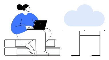 Bulut bilgisayarı, eğitim, uzaktan çalışma, çevrimiçi öğrenme, dijital depolama, yenilik. Kitapların üzerinde dizüstü bilgisayarı olan, masanın üstünde bulut sembolü olan biri. Bulut hesaplama ve eğitim kavramı