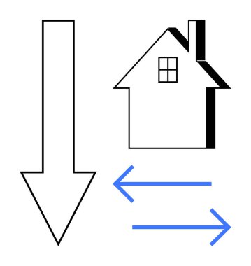 Gayrimenkul eğilimleri, konut ekonomisi, piyasa analizi, emlak değerleri, yatırım dinamikleri, konut değişimleri. Aşağı doğru bir ok, bir ev ikonu ve çift yönlü mavi oklar. Emlak eğilimleri