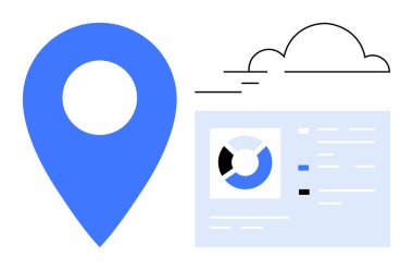 Yer belirleme konsepti. Harita iğnesi, bulut ve veri paneli olan bir coğrafi konum. Coğrafi konumlandırma navigasyon, bulut hesaplama ve veri görselleştirmesini sağlar. Seyahat, bilişim araçları ve lojistik için