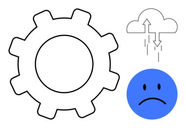 Teknoloji yarışması. Bir dişlinin mekanik sistemleri, üzgün bir yüz hayal kırıklığını ve modern depolama sorunlarını gösteriyor. IT sorunları, yazılım geliştirme, sorun giderme, sistem güncellemeleri için