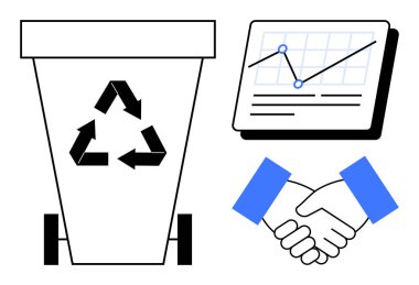 Geri dönüşüm sembollü çöp kutusu, yukarı doğru eğilimli grafik ve tokalaşma. Sürdürülebilirlik, işbirliği, eko-ticaret, atık yönetimi, veri analiz ekibi ortaklıkları için ideal. Basit düz