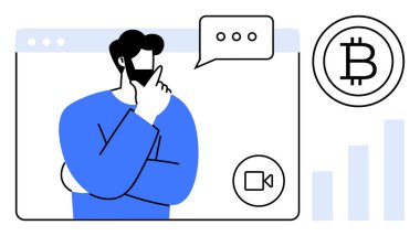 Kripto para birimi konsepti. Görüntü iletişim elemanlarının yanı sıra Bitcoin sembollü görsel kripto para birimi fikri. Uzaktan haberleşme ve finansal teknolojiyi birbirine bağlayan kripto para birimi. Blockchain için