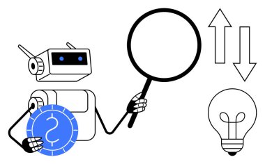 Finansal teknoloji. Elinde büyüteç ve para tutan bir robot yapay zeka finansal yenilikleri keşfeder. Fintech karar verme, ekonomik analiz ve iş optimizasyonu için yapay zeka kullanır. Konular arasında