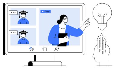 Online eğitim. Çevrimiçi eğitim uzaktan iletişimi ve bilgi paylaşımını kolaylaştırır. Çevrimiçi eğitim öğrenim için yenilikçi çözümler sunar. E- öğrenme platformları için ideal, dijital