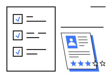 İşaretli görevleri ve aday profili olan kullanıcı fotoğrafı ve derecelendirme yıldızlarını gösteren kontrol listesi. İşe alım, performans değerlendirmesi, geri bildirim, görev tamamlama, iş başvurusu, insan kaynakları süreçleri için ideal