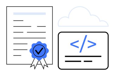 Sertifika, bulut teknolojisi, web geliştirme, veri güvenliği, programlama, kalite güvencesi. Bulut grafiğine bağlı mühürlü ve kodlama parçalı bir belge. Sertifika ve bulut teknolojisi