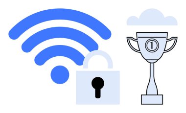 Kablosuz bağlantı. İkonik kablosuz sinyal ve asma kilit. Verilerde güvenliği simgeliyor. Mükemmellik ödülüyle eşleştirilmiş. Teknoloji, iletişim ve başarıda kablosuz güvenlik. Uygun.