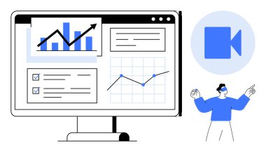 İş analizleri, çevrimiçi sunum, uzaktan çalışma, veri görselleştirme, dijital iletişim, video konferansı. Bilgisayar ekranında grafikler ve grafikler gösterilir. İş analizleri ve online