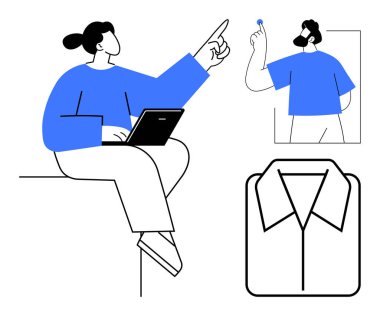 Dijital iletişim, e-öğrenme, online alışveriş, karar verme, e-ticaret, moda tasarımı. Dizüstü bilgisayarı olan bir kişi, bir tişört ikonu ve elinde bir eşya tutan başka bir kişi. E-öğrenme ve çevrimiçi