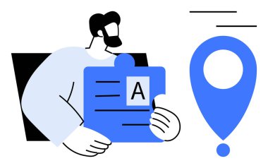 Person holding a puzzle piece with text, symbolizing problem-solving, alongside a large blue location marker. Ideal for teamwork, navigation, planning, communication, organization, creativity simple