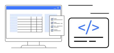 Web geliştirme, veri organizasyonu, programlama, bilişim çözümleri, teknoloji iş akışı, kodlama süreçleri. Bilgisayar ekranı kod sembollü bir tablo ve listeyi gösteriyor. Web geliştirme ve veri