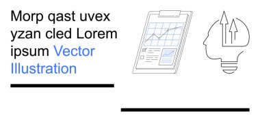 Veri analizi, yenilik, iş stratejisi, performans takibi, büyüme eğilimleri, başarı planlama. Panodaki çizelge ve oklu ampul. Veri analizi ve yenilik kavramı