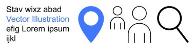 Navigasyon, kullanıcı araması, topluluk, keşif, hedef kitle, çevrimiçi haritalar. Mavi lokasyon rozeti, iki kişi ve bir büyüteç simgeleri. Navigasyon ve kullanıcı araması