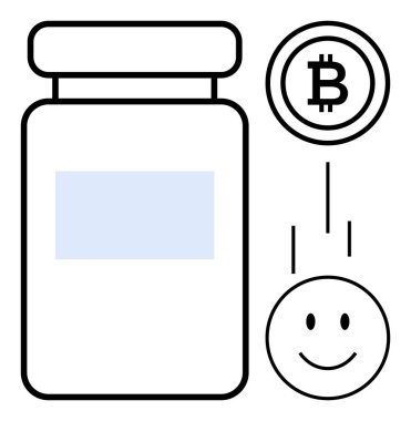 Kripto para bağışı. Bitcoin para gülen bir yüzle bir kaba akıyor, şeffaf işlemleri, hayırseverliği ve dijital katkıları vurguluyor. Fintech, hayır kurumu, engelleme zinciri