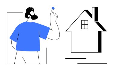 Akıllı ev sistemleri, yenilikçi çözümler, modern yaşam, ev otomasyonu, dijital arayüzler, kavramsal teknoloji. Bir adam minimalist bir evin yanında dijital arayüzle etkileşime girer. Akıllı ev