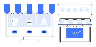 Ticaret, perakende satış, ürün değerlendirmeleri, çevrimiçi perakende satış, dijital mağazalar, çıkış. Tenteli dijital mağazalar, ürün kategorileri ve alışveriş arabası grafikleri. Ticaret ve perakende