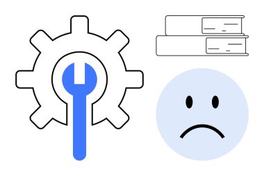 Teknik destek konsepti. Vites kolu ve ingiliz anahtarı teknik sorun çıkarmayı sembolize ederken, kitaplar ve üzgün yüz öğrenme zorluklarını ön plana çıkarıyor. Teknik destek eğitime ve çözümlere yardımcı olur. Bilgi için