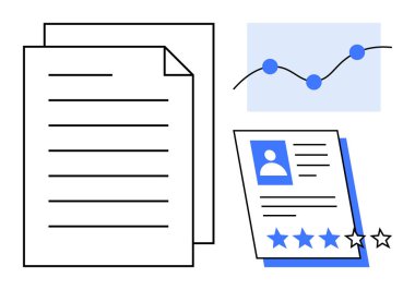 Çizgileri olan belgeler, yıldız reytingleri olan bir profil kartı ve veri göstergeli bir grafik. Analiz, performans, değerlendirme, değerlendirme ve değerlendirme için idealdir. Basit düz metafor