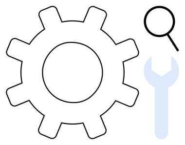 Vites ayarları, arama için büyüteç ve İngiliz anahtarı onarımını gösteriyor. Teknoloji, araçlar, problem çözme, optimizasyon, işlevsellik bakım yeniliği için idealdir. Temiz daire