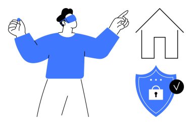 Akıllı ev teknolojisi. Bir insan sanal gerçeklikle ve ev düzeniyle etkileşime geçerek gelişmiş akıllı ev güvenlik sistemlerini ve bağlı yaşam sistemlerini vurguluyor. Teknoloji, güvenlik ve yenilik bağlamları için