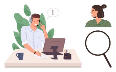 Müşteri desteği, internet iletişimi, takım çalışması, müşteri memnuniyeti, bilgi araması, iş aletleri. Kulaklık, büyüteç ve kadın profili olan bir adam. Müşteri desteği