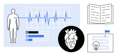 Sağlık izleme. Sağlık izleme, kalp atışı grafikleri, insan anatomisi ve tıbbi araştırma ikonları içerir. Sağlık izleme, sağlık izleme, teşhis ve eğitimi artırır. İdeal