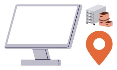 Dijital çalışma alanı, ofis aletleri, veri yönetimi, konum hizmetleri, envanter sistemleri, lojistik. Depolama kutuları ve harita konum şifresi olan bilgisayar ekranı. Veri yönetimi ve konum hizmetleri