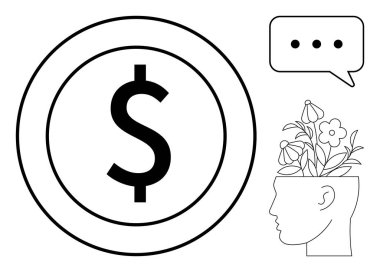 Çemberdeki dolar işareti finansmanı ön plana çıkarırken, baştaki çiçekler yaratıcı büyümeyi gözler önüne seriyor. Konuşma balonu iletişimi vurgular. Finans, yaratıcılık, fikirler ve yenilik için ideal