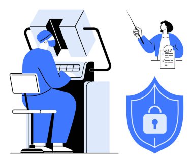 Teknisyen bilgisayar sistemi üzerinde çalışıyor, antrenör veri içgörüleri sunuyor, kilit kalkanı güvenliği vurguluyor. Siber güvenlik, bilişim yönetimi, veri gizliliği, ağ güvenliği, çevrimiçi eğitim, risk için ideal