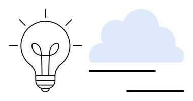 Bulutun yanında fikirleri ve yaratıcılığı sembolize eden ampul bağlantı, teknoloji veya hayal gücünü temsil eder. Yenilik, beyin fırtınası, bulut hesaplama, teknoloji, yaratıcı süreç için ideal