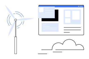 Yenilenebilir enerji, sürdürülebilirlik, dijital teknoloji, çevre, temiz enerji, bulut hesaplama. Dijital tarayıcı arayüzünün yanındaki rüzgar türbini. Yenilenebilir enerji ve sürdürülebilirlik kavramı