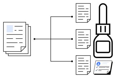 Ayrı ayrı sıralanmış belgeler ve bir pul yığını. İş akışı, yönetim, onay, kategorize etme, süreç, veri, uyum için ideal. Basit bir düz metafor.