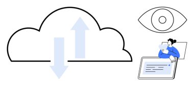 Bulut hesaplama konsepti. Veri yükleme ve indirme ile bulut bilgisayarı, dijital aygıt ile kullanıcı etkileşimi, ve bir göz ile gizlilik. Teknoloji, güvenlik, uzaktan çalışma, çevrimiçi depolama, kullanıcı verileri için