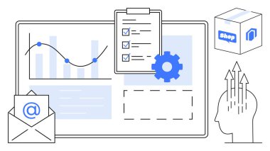 Veri analizi. Veri analizleri çizelgeler, e-posta iletişimi, e-ticaret ve zihin kavramlarıyla gösterilir. İş stratejilerini ve karar vermeyi destekleyen veri analizleri. Pazarlama için, IT