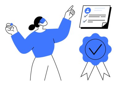 Tanıma belgesi ve rozeti yanında başarılı bir şekilde el kol hareketi yapan bir kadın. Başarı, başarı, sertifika, profesyonel büyüme, değerlendirme, kalite güvencesi, ödül için ideal. Basit düz metafor