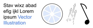 Grafik tasarım, soyut sanat, tipografi, yaratıcı düzen, vektör tasarımı, modern estetik. Bir daire ve nota da dahil olmak üzere soyut şekilleri olan rastgele bir metin. Grafik tasarım ve soyut sanat