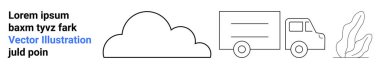 Teslimat, lojistik, ulaşım, çevre, bulut hesaplama, minimalizm. Bulut, kamyon ve bitki basit bir çizgi şeklinde. Teslimat ve lojistik konsepti